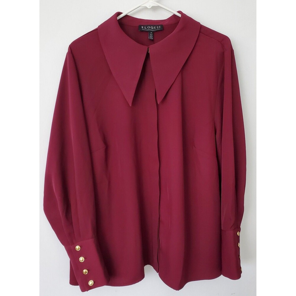 ELOQUII Pointed Collar Button Up Shirt - 18 Port Royale Burgandy, Long Sleeve